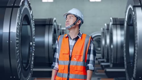 Asian Male Engineer Looking Around In Metal Factory