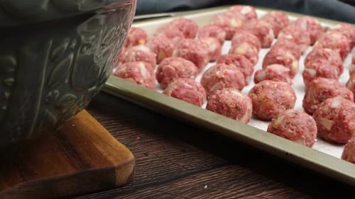 Close up of Italian meatballs being used in Italian Wedding Soup for dinner. Meatballs on a baking s