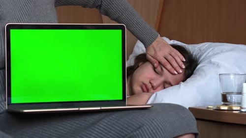 Laptop Green Screen Chroma Key Mock Up Close Up Mother with Sick Child Girl