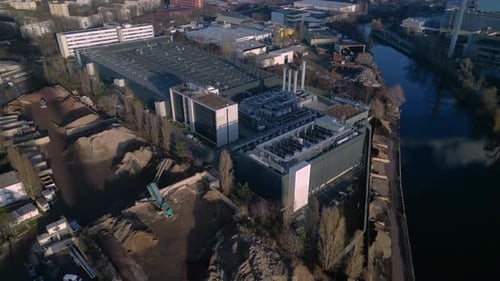 Large data center processing cloud computing infrastructure. Majestic aerial view drone