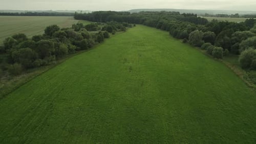 Aerial view of a large beautiful field.View of meadows, clouds over green meadows. Stunning aerial s