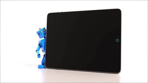 Cute Blue Robot Character Interacts with Digital Tablet