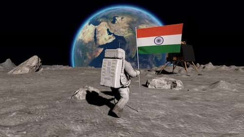 Lunar Astronaut Walks on the Moon with Indian Flag