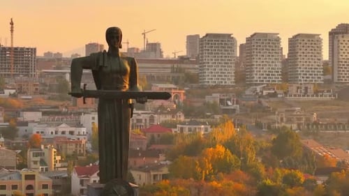 Aerial View Of Yerevan Cityscape And Statue, Armenia