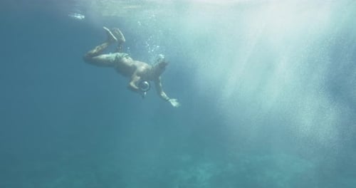 Underwater Footage of Man Diving in the Sea Exploring Coral Reefs and Sea Life. Swimming with Fishe