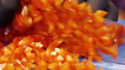 Dicing Red Bell Pepper with Knife and Gloves