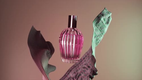 Cosmetic Bottle of Perfume on a Beige Background Fragrant Cosmetic Product Silk Fabric All Around