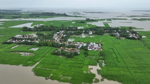 Aerial view of flooded village, Bogura, Bangladesh.
