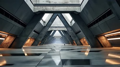 Futuristic interior hall with triangular support beams