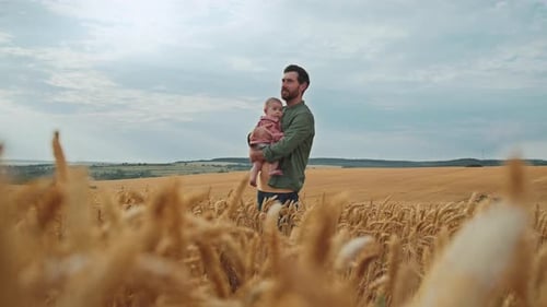 Farmer Father Walks in a Field of Wheat with His Little Daughter Family Business of Farmers Kid