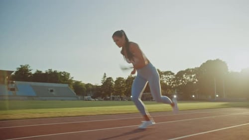 Beautiful Fitness Woman in Light Blue Athletic Top and Leggings is Starting a Sprint Run in an Outd