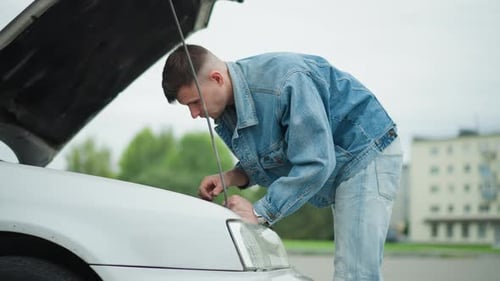 Young Caucasian Man Checking Car Engine Denim Jacket Focused Troubleshooting Hands Inspecting