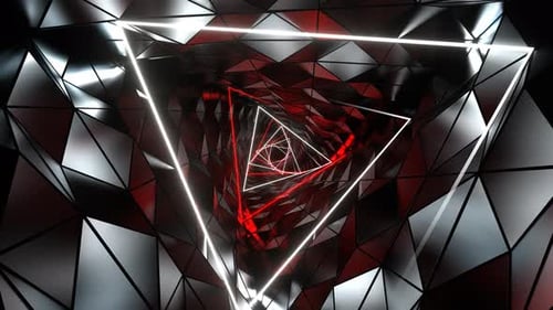 Red And White Neon Ribbed Triangular Spiral Tunnel Background Vj Loop In 4K