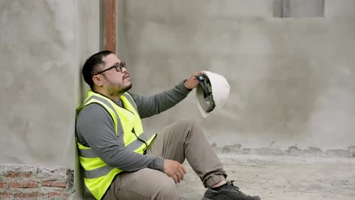 Asian architect, construction supervisor. Take off the white safety helmet. Sitting against a cement