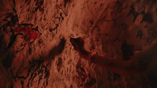 Woman Creates Cave Painting in Dimly Lit Cave