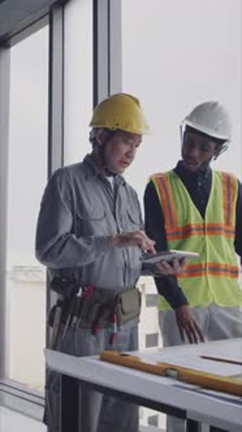 Construction Workers Using Tablet while Examining Workplan