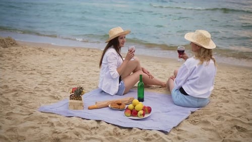 Adult Women at Outdoor Beach Picnic Friends Eat Drinking Wine and Cheers and Have Blast By Sea