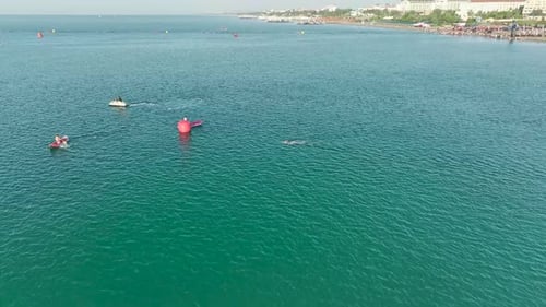 Aerial View Triathlon Competitions By the Mediterranean Sea with Running Swimming Biking