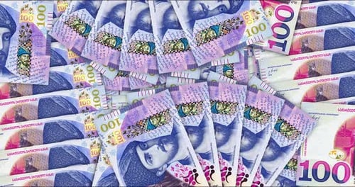Billetes de Lari de Georgia (GEL) en forma de abanico con forma de mosaico