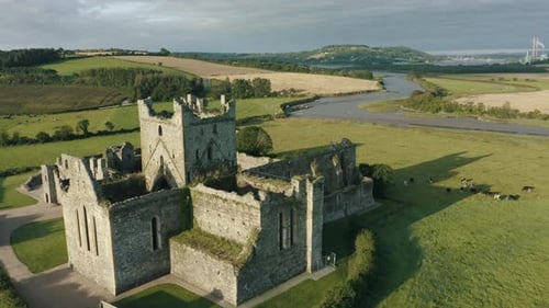 Aerial view, slide left,Dunbrody Abbey is a former Cistercian monastery in County Wexford, Ireland.T