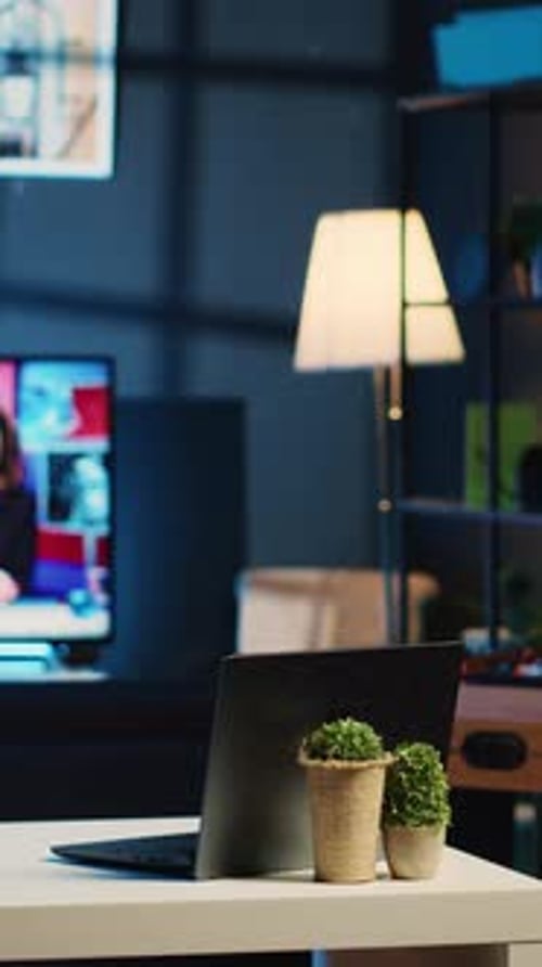 Vertical Video Work Desk in Neon Lit Home Interior