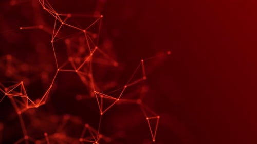 Geschlungener roter Plexus-Effekt. Abstrakte Verbindung von Punkten und Linien auf rotem Hintergrund. Rote Partikel a