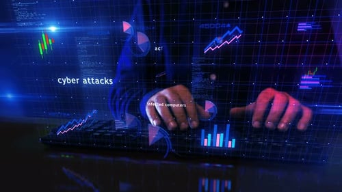 Cyber attacks charts graphs display with man typing keyboard