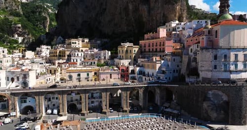 Scenic Aerial View Above Atrani Amalfi Coast - Picturesque Beach Village in Italy