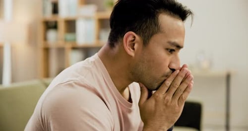 Face, stress and depression with a man in therapy for mental health, psychology or healing closeup