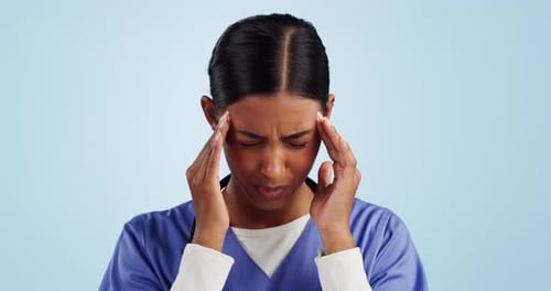 Headache, nurse and woman with stress, burnout and anxiety from career at hospital