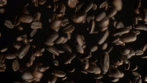 Coffee Beans Falling Dark Background Close Up