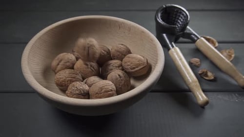 Close-up of walnuts in wooden bowl