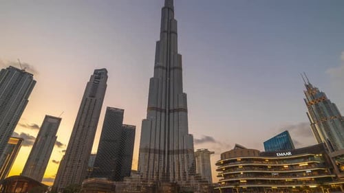 Timelapse Burj Khalifa at the sunset to night time in Dubai, United Arab Emirates