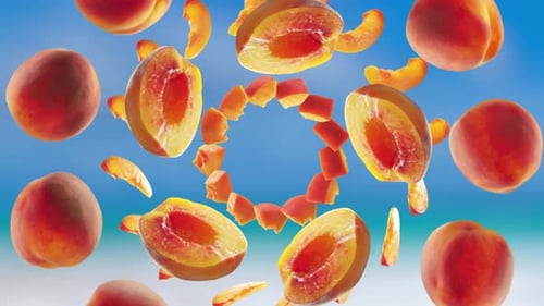 Flying Peach and Peaches Slices in Beach Tropical Summer Background