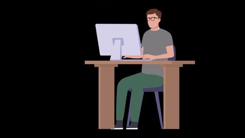 Flat Design Animated Man Working On Desktop Computer