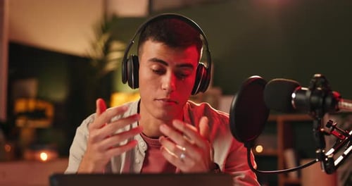 Microphone, headphones and content creator on podcast, recording and media broadcast with web radio