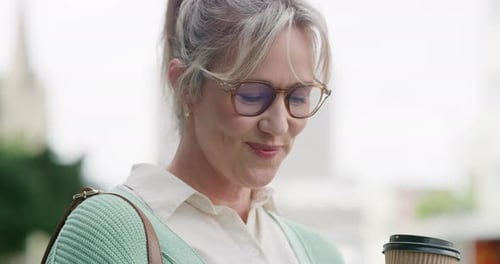 Happy, reading and woman with coffee, city and notification with good news for applicant