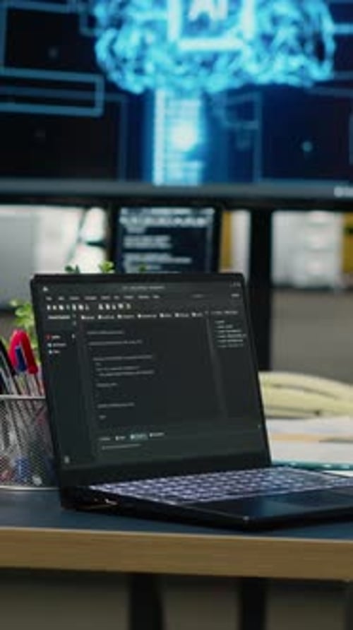 Видео с вертикального изображения ноутбука в пустом офисе используется для ускорения вычислений искусственного интеллекта