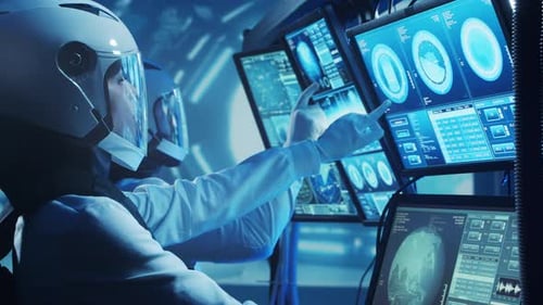 Team of Astronauts in a Space Suits Aboard the Orbital Station A Crew of Cosmonauts Piloting the