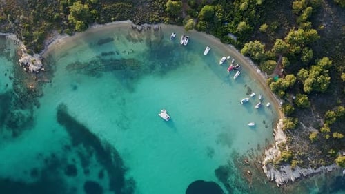 Aerial View of an Island on Sithonia Peninsula Greece with Beaches and Rocks Surrounded By