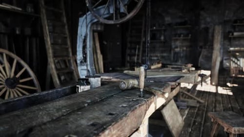 Rustic Carpentry Workshop Filled with Vintage Tools and Worn Wooden Surfaces