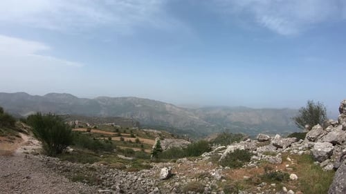 Mountain trek hike patch, wide high altitude nature landscape view