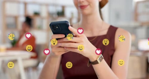 Office, emojis and hands with smartphone, network and communication with contact on social media