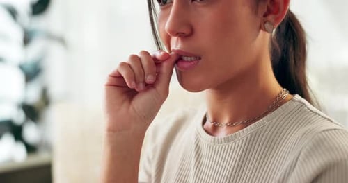 Woman Bites Fingernails, Close Up View