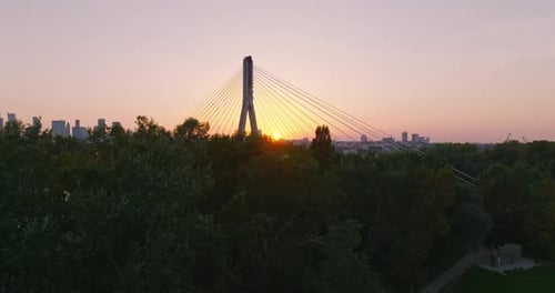 a bridge over a river with trees and a city in the background