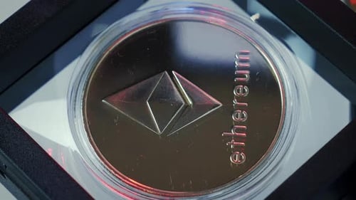 Ethereum ETH coin rotating. Virtual money. Stock exchange money. Vertical video