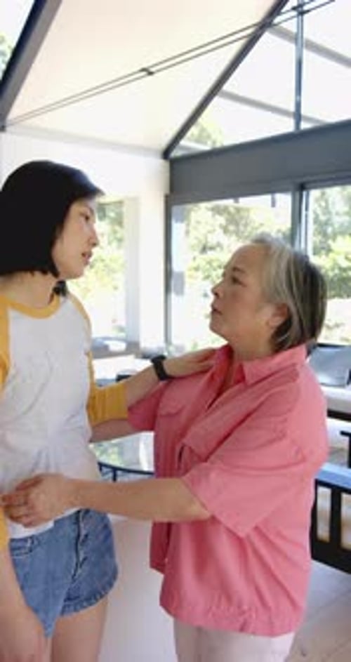 Vidéo verticale : Une femme âgée souriante embrassant une jeune femme dans un cadre familial lumineux et moderne