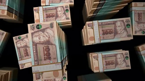 Flight over the Guatemala quetzal money banknote packs loop