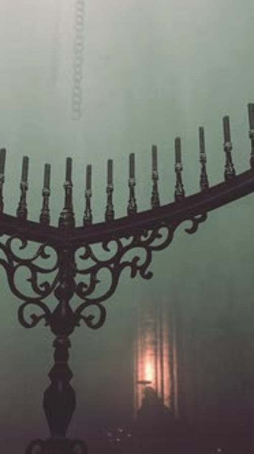 A Beautifully Lit Chandelier in a Mysterious Fogfilled Room