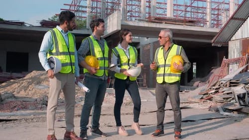 Group team engineer or contractor holding hardhat relax and talking with happy at construction site.